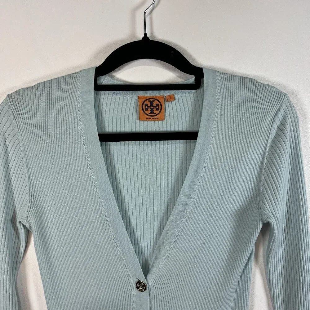 Tory Burch Cotton Long‎ Sleeve Cardigan Gold Button Sweater Sz Small Blue Luxury